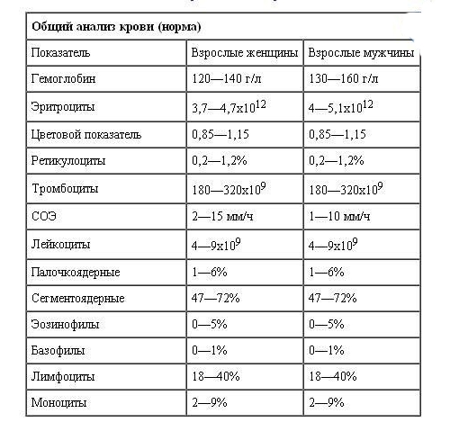 Таблица с нормами ОАК у взрослых